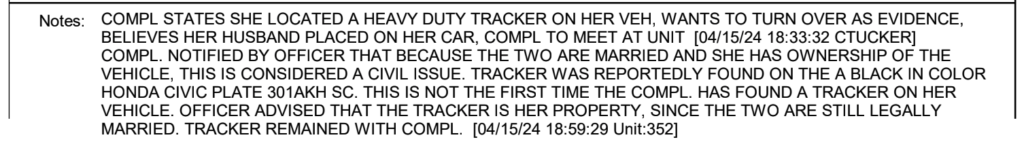 Mica reports a tracker on her black Honda to Myrtle Beach PD. This time, they tell her it’s marital property and don’t take it as evidence.